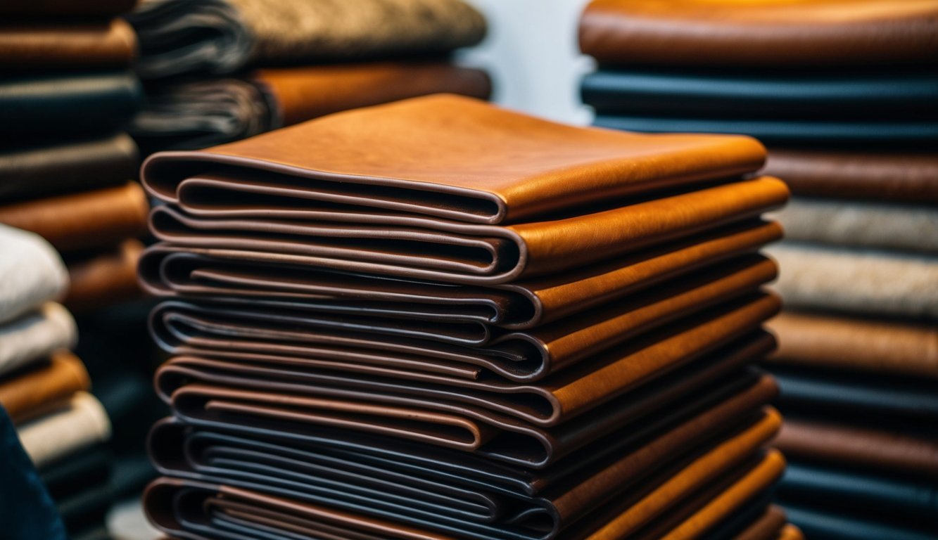 A stack of Turkish leather hides stands out among others. Rich, supple texture and deep, warm color distinguish it