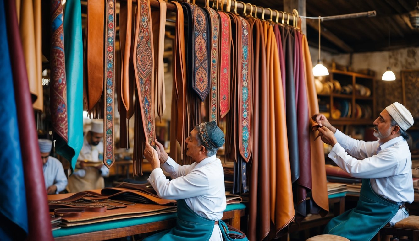 A traditional Turkish leather workshop with skilled artisans crafting intricate designs. Rich, supple leather in vibrant colors hangs from racks