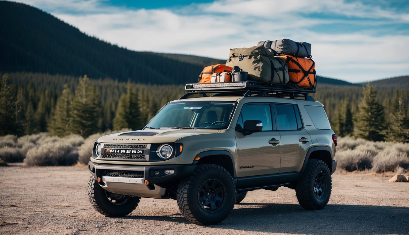 A rugged off-road vehicle parked in front of a wilderness backdrop, with camping gear and survival supplies loaded onto the roof rack