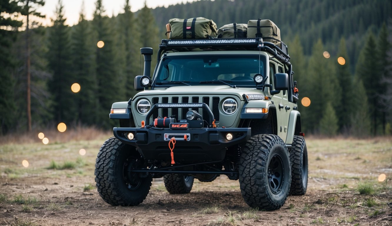 A rugged off-road vehicle parked in a forest clearing, loaded with survival gear and supplies