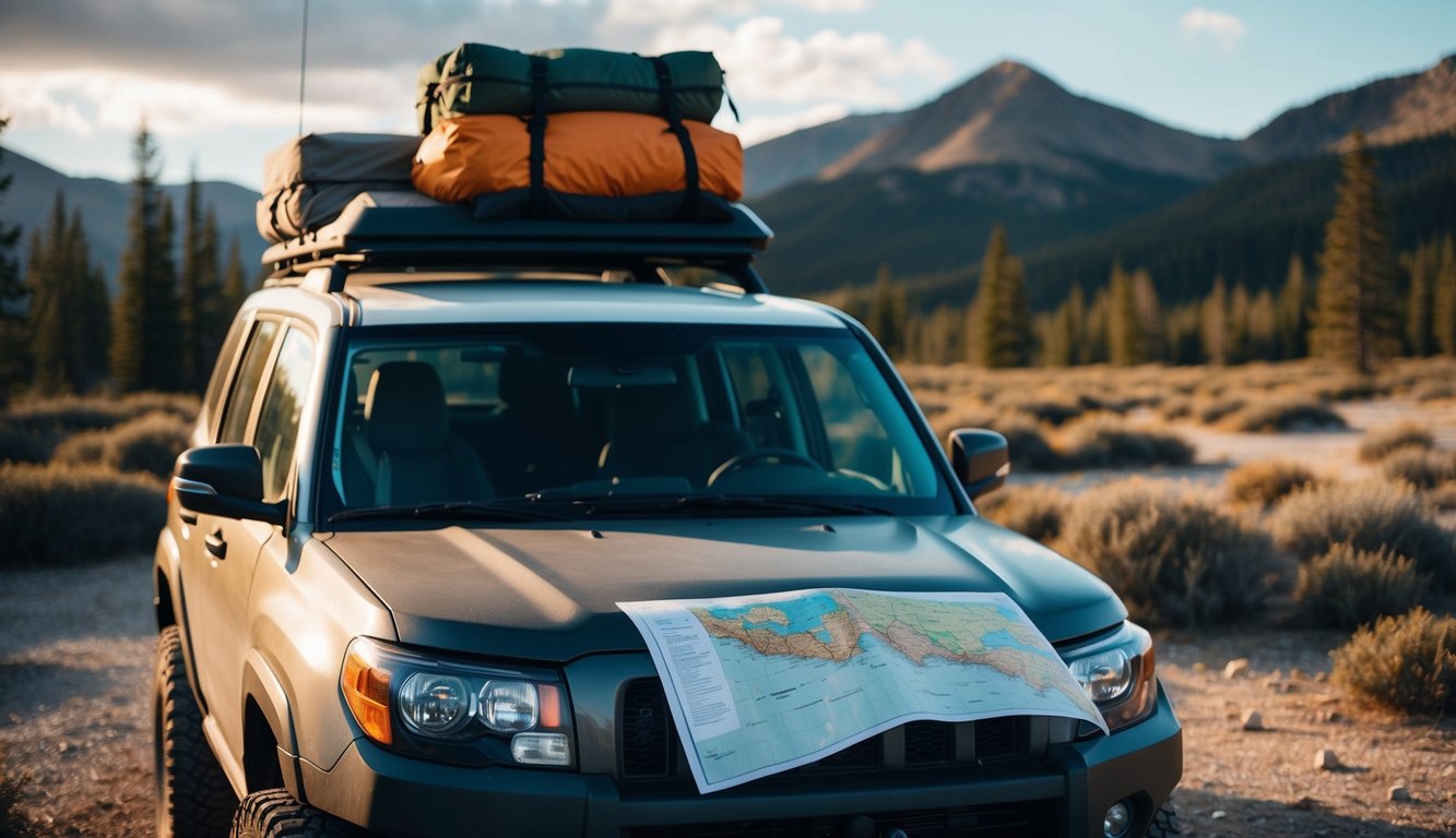 A rugged off-road vehicle parked in a wilderness setting, with camping gear strapped to the roof and a map spread out on the hood