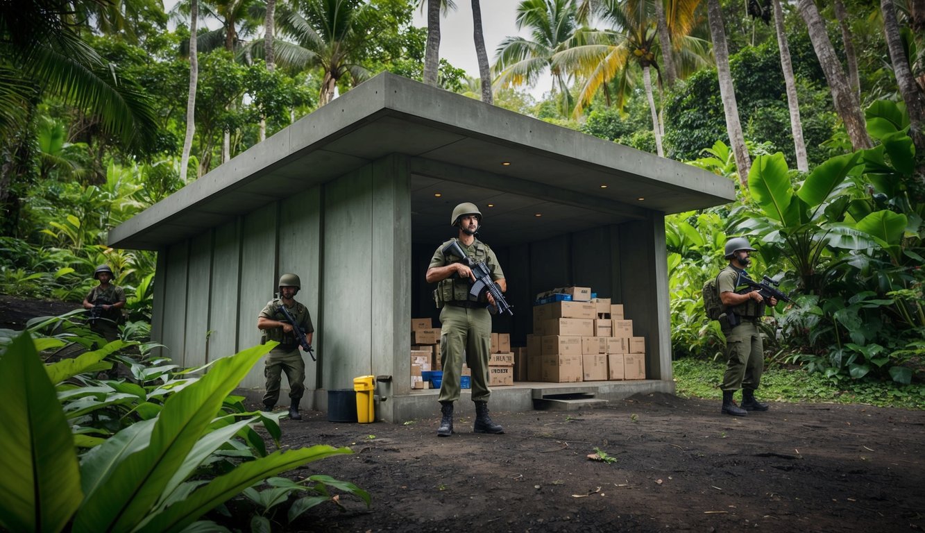 A fortified bunker nestled in the lush Hawaiian jungle, stocked with supplies and guarded by armed sentries
