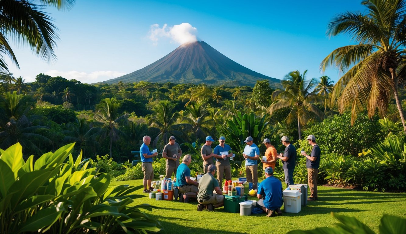 A lush tropical landscape with a volcano in the background, a clear blue sky, and a small group of preppers gathering supplies and discussing preparedness