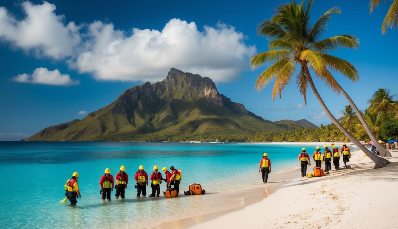 A tropical beach with palm trees, clear blue water, and a mountainous island in the background. A group of people are seen preparing for emergencies