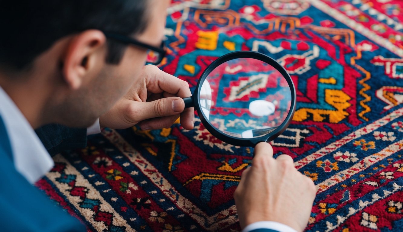 A person inspecting intricate patterns and vibrant colors of a Turkish rug with a magnifying glass