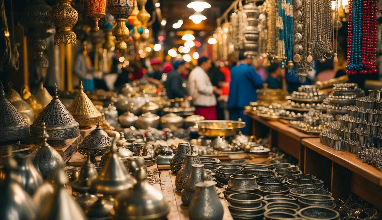 A bustling Turkish bazaar filled with intricate metalwork products, showcasing traditional Turkish handicrafts