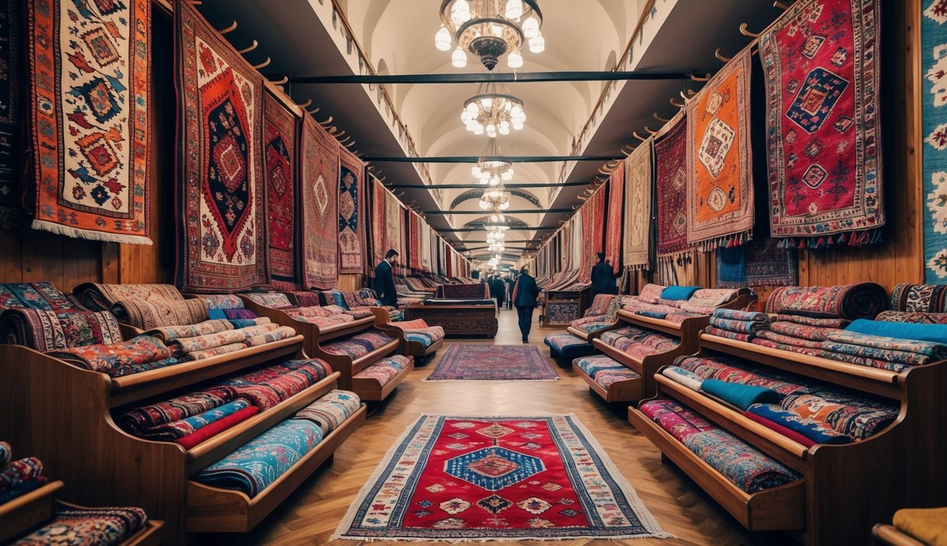 A bustling Turkish bazaar filled with vibrant handmade carpets and kilims displayed on wooden racks and hanging from the walls