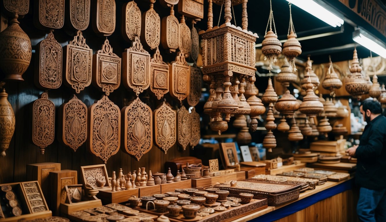 A Turkish woodwork market stall displays intricate traditional handicrafts. Richly detailed carvings and ornate designs adorn the wooden products