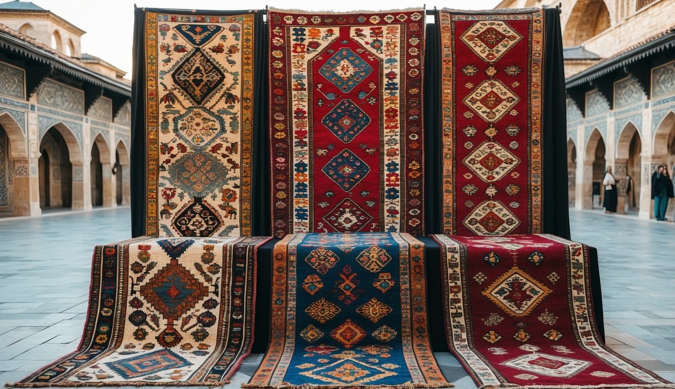 A colorful Turkish carpet and kilim display, featuring intricate geometric patterns and floral motifs, set against a backdrop of traditional Turkish architecture