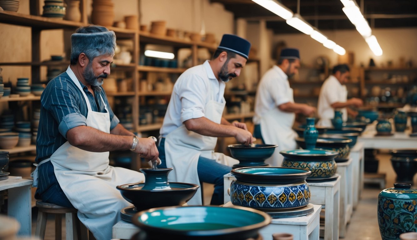 A bustling Canakkale Ceramics workshop, with artisans skillfully crafting traditional Turkish pottery on spinning wheels and painting intricate designs