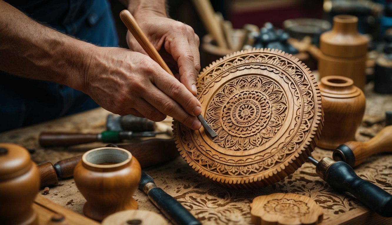 A woodworker carving intricate Turkish patterns into a piece of wood, surrounded by traditional tools and finished handicrafts