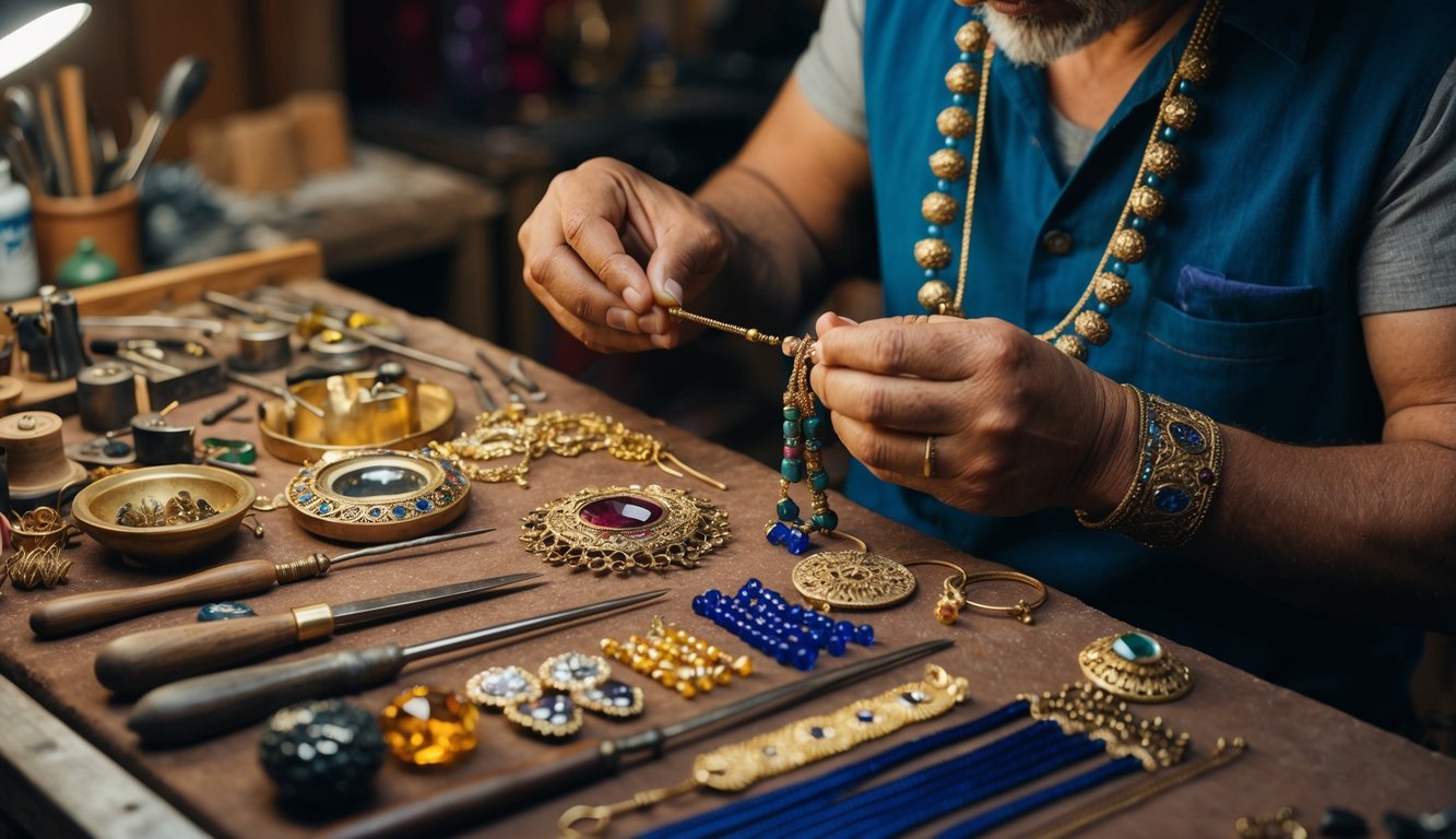 Artisan crafting intricate Turkish jewelry using traditional methods. Array of tools, beads, and gemstones adorn the workbench. Rich history evident in the ornate designs