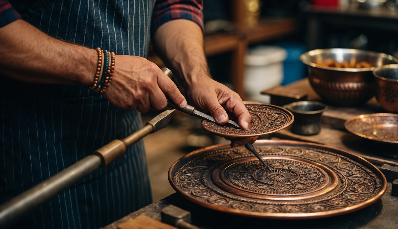 A coppersmith shaping intricate Turkish designs using traditional tools and techniques