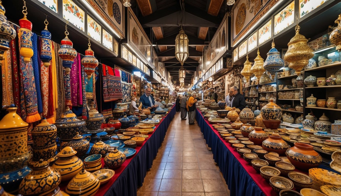 Vibrant Turkish bazaar with intricate pottery, colorful textiles, and ornate metalwork on display, showcasing the unique craftsmanship of Turkish artisans