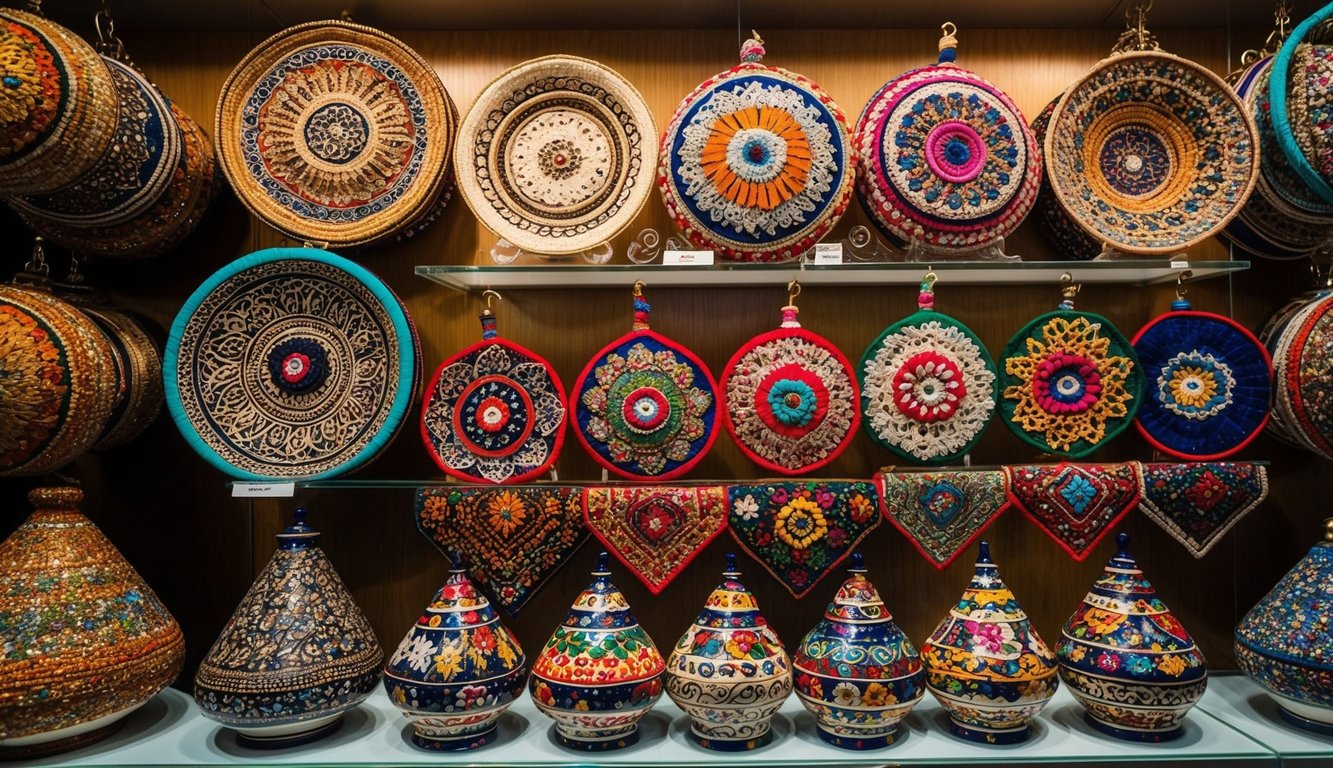 A display of intricate Turkish handicrafts with unique patterns and vibrant colors, distinct from those of other countries