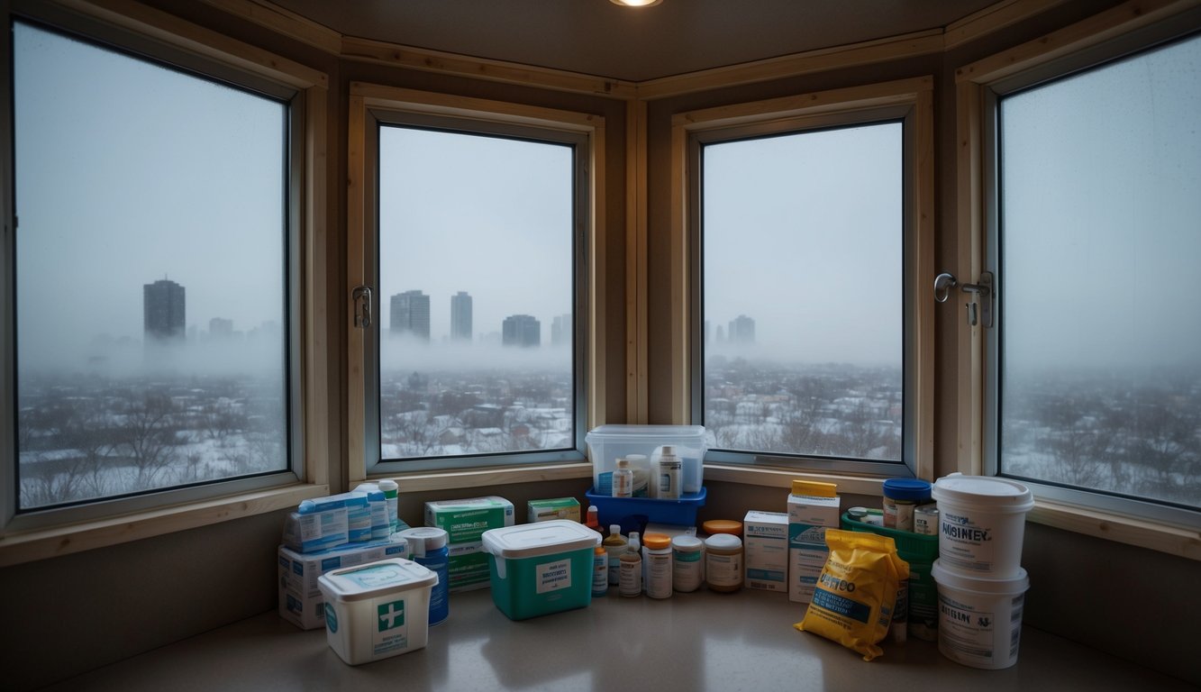 A cozy, well-stocked shelter with sealed windows and doors, stocked with medical supplies and food. Outside, a desolate cityscape shrouded in mist