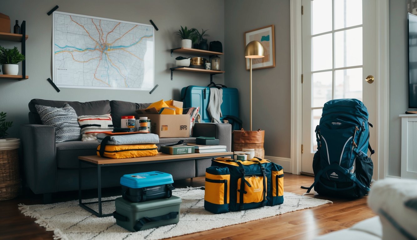 A cozy living room with stocked supplies and a map of the city, a backpack by the door, and a sense of urgency in the air