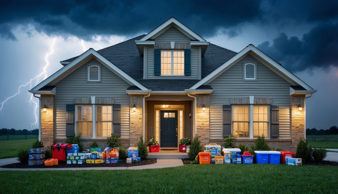 A family home with closed windows and doors, stocked with supplies and emergency kit, as a storm rages outside