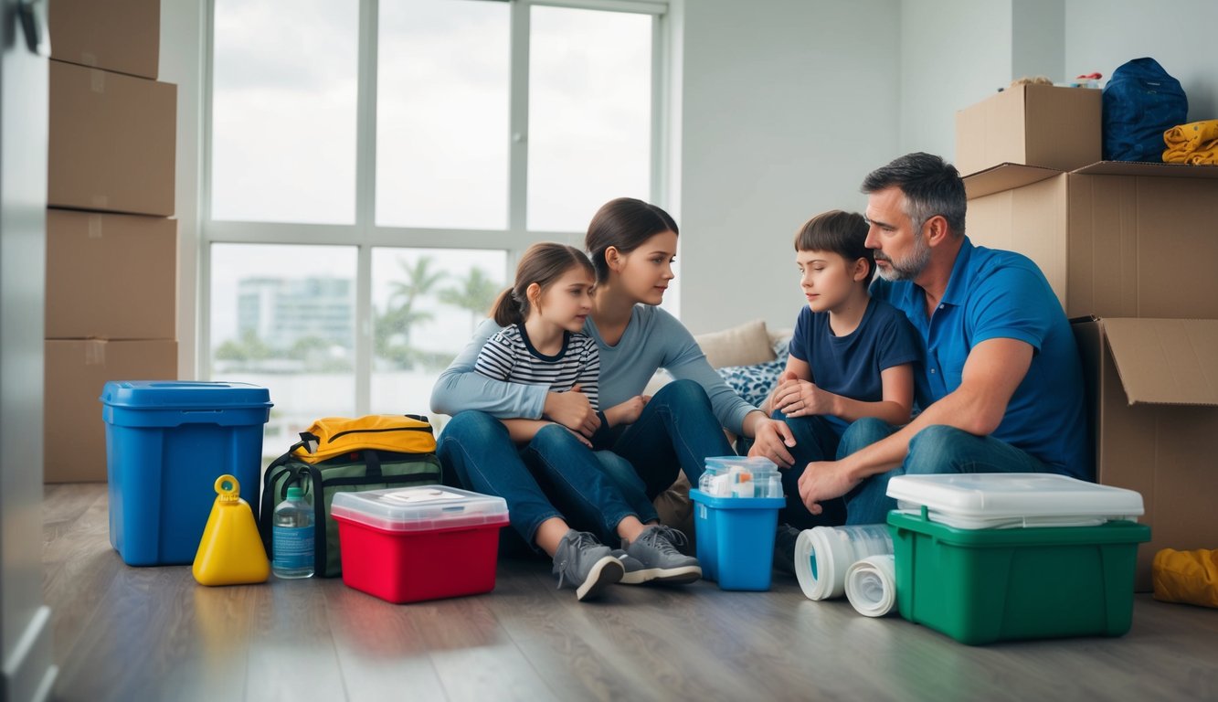 A family sheltering in place during a hurricane, with supplies and emergency gear, or preparing to evacuate following a bug out guide for 2023