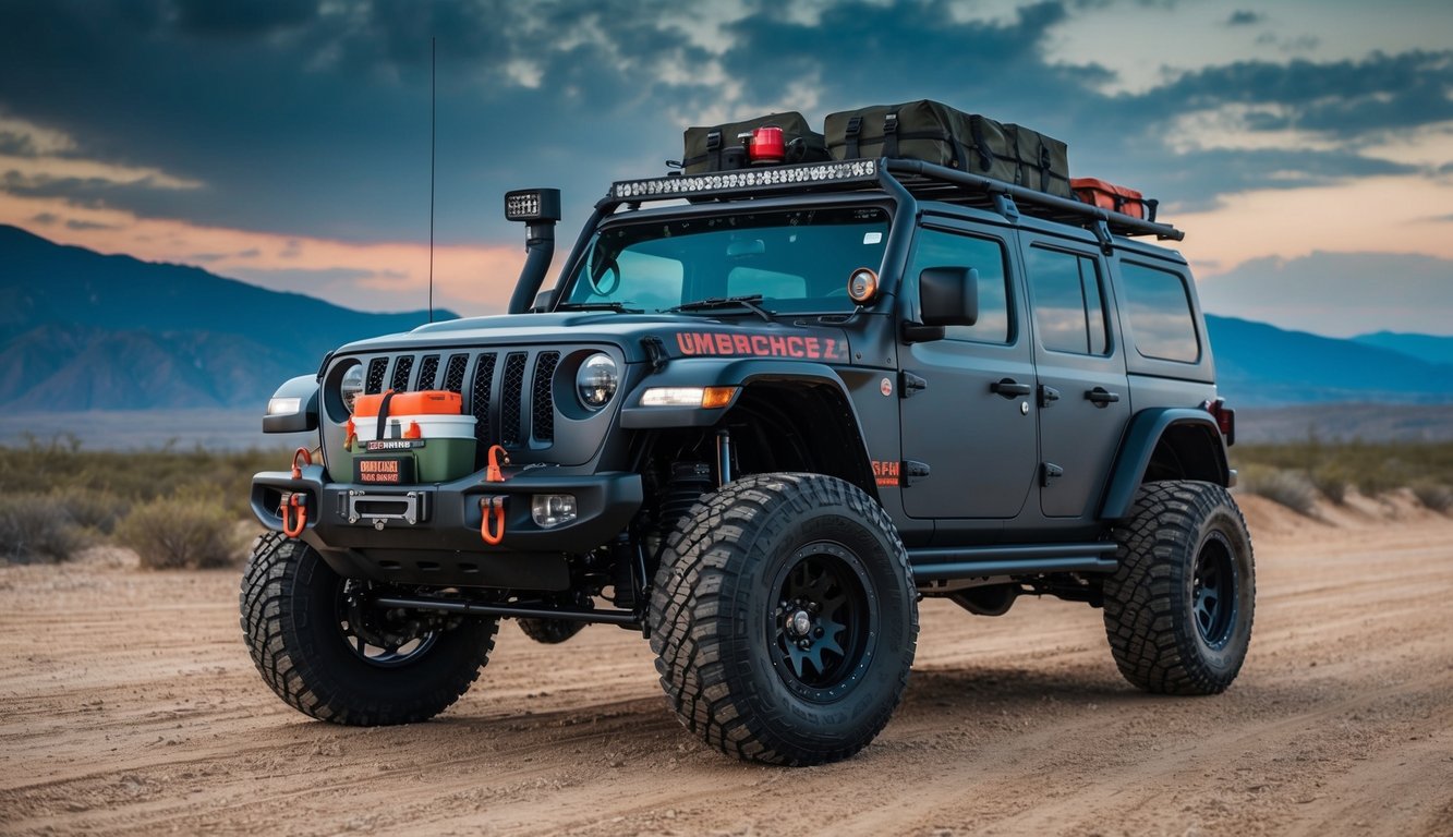 A rugged, customized off-road vehicle equipped with extra survival gear and supplies for emergencies