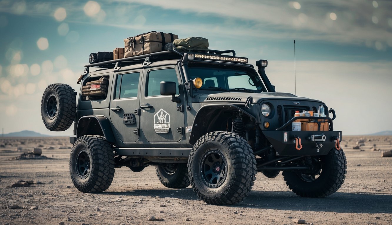 A rugged, heavily modified off-road vehicle equipped with supplies and survival gear, parked in a desolate, post-apocalyptic landscape