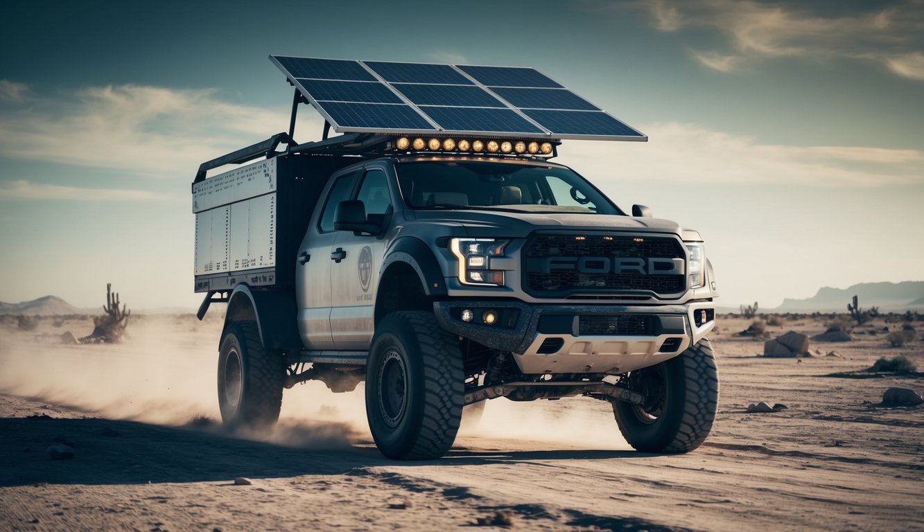 A rugged, modified truck drives through a desolate, post-apocalyptic landscape, equipped with solar panels and reinforced with steel plating