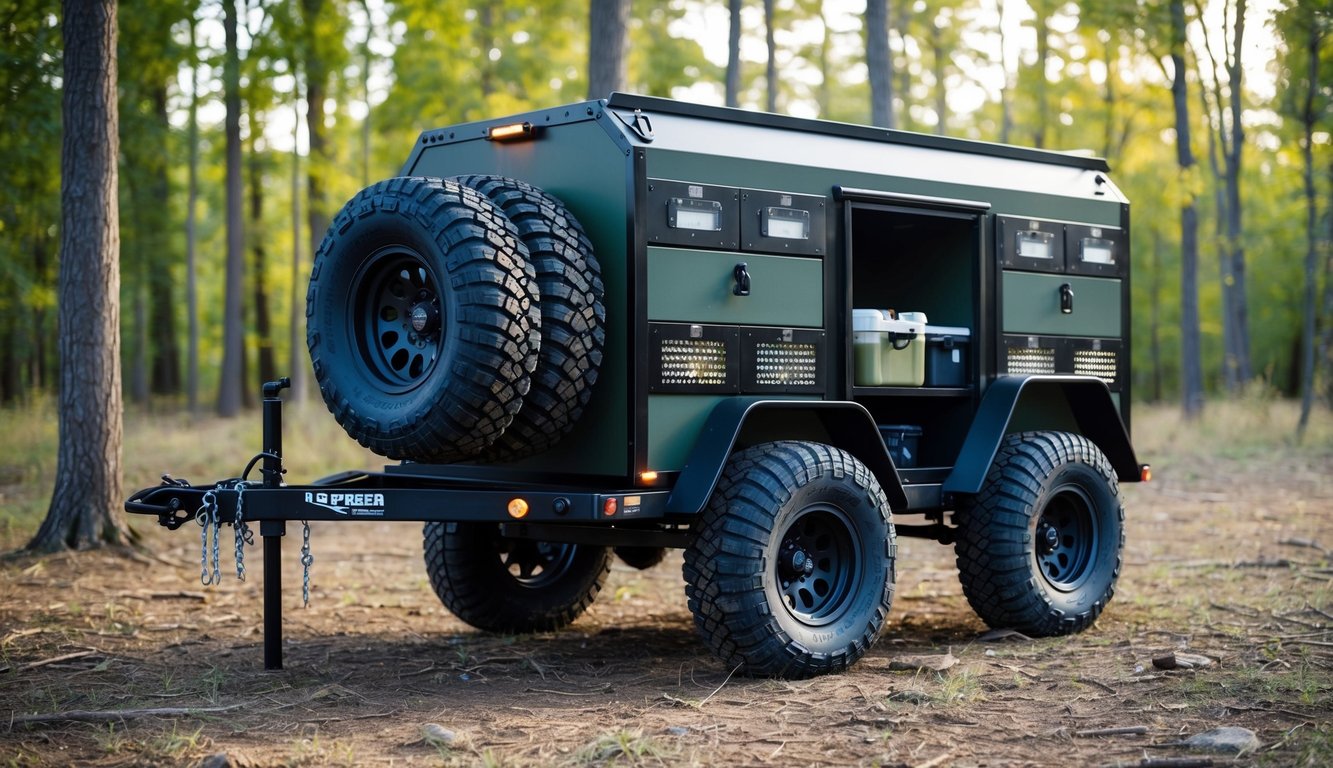 A rugged Bug Out Trailer sits in a forest clearing, ready for action with off-road tires and storage compartments