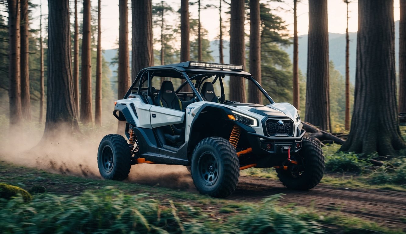 An off-road electric vehicle with rugged tires and a protective roll cage speeding through a dense forest, surrounded by towering trees and wild terrain