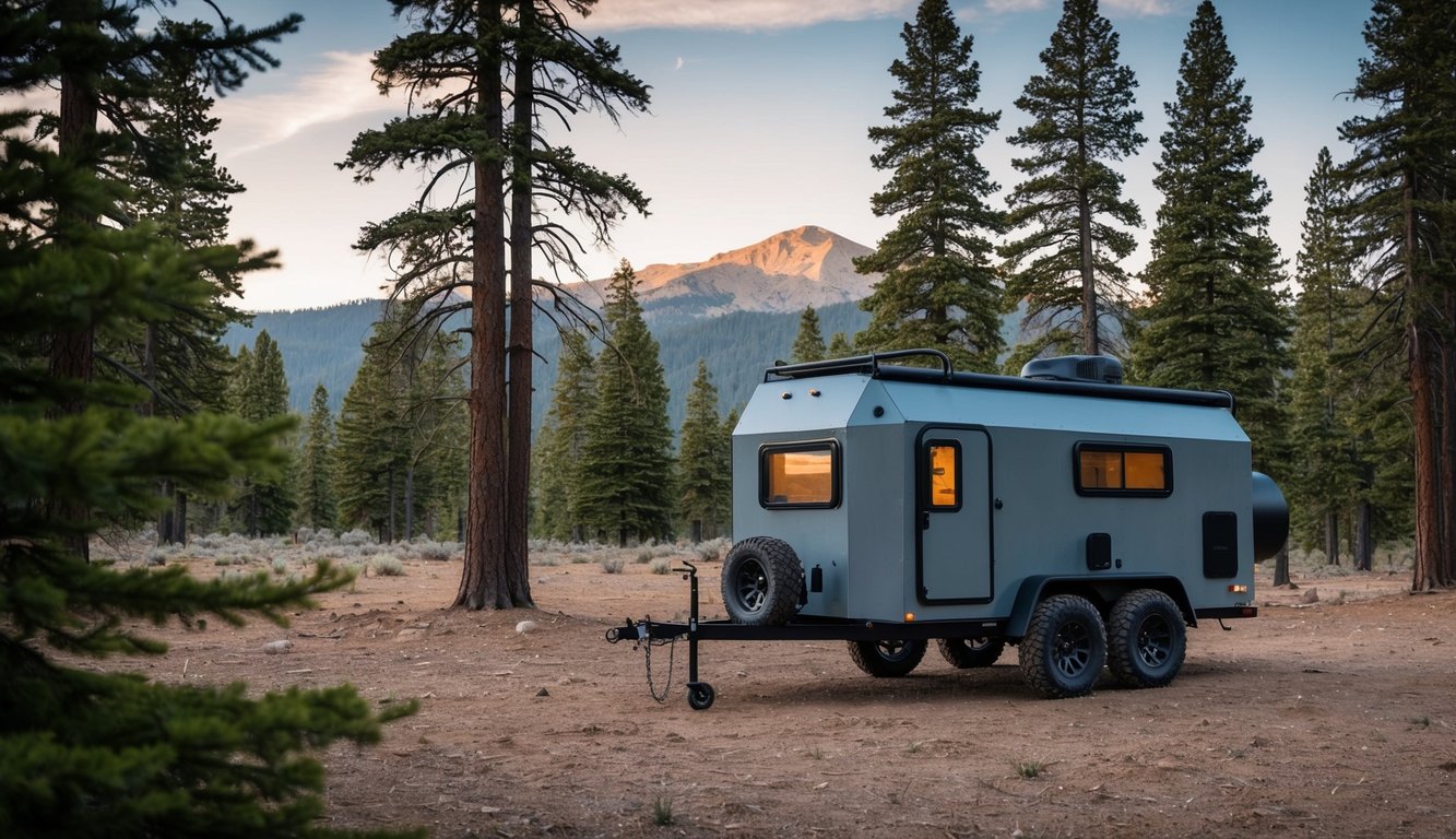 A rugged bug out trailer parked in a forest clearing, surrounded by tall pine trees and a serene mountain backdrop