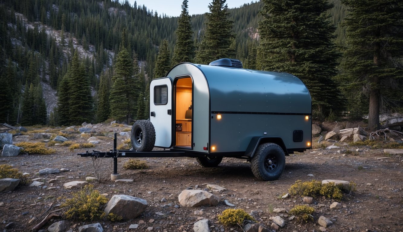 A rugged bug-out trailer sits in a remote wilderness setting, surrounded by dense trees and rugged terrain, with a sense of isolation and self-sufficiency