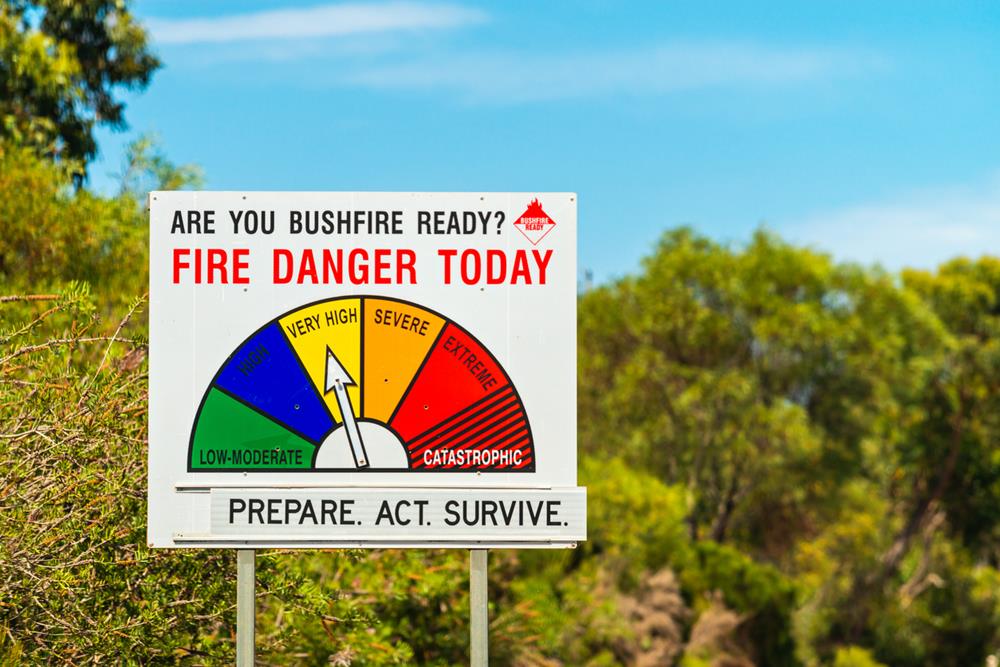 Fire Danger Status and bushfire ready sign showing very high level