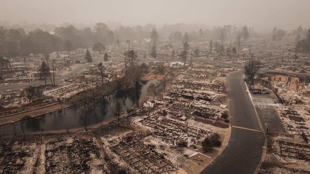 Ruined residential area after a wildfire