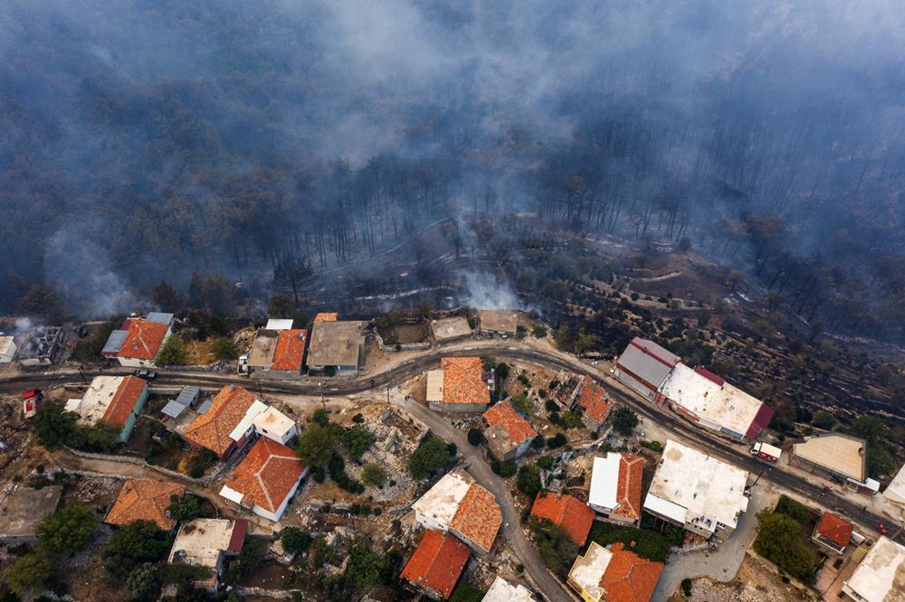 Aerial view of a residential area after a wildfire