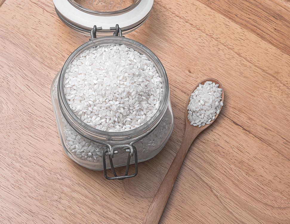Rice stored in a glass container