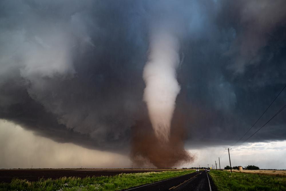A tornado causing damage outside of Hawley, Texas