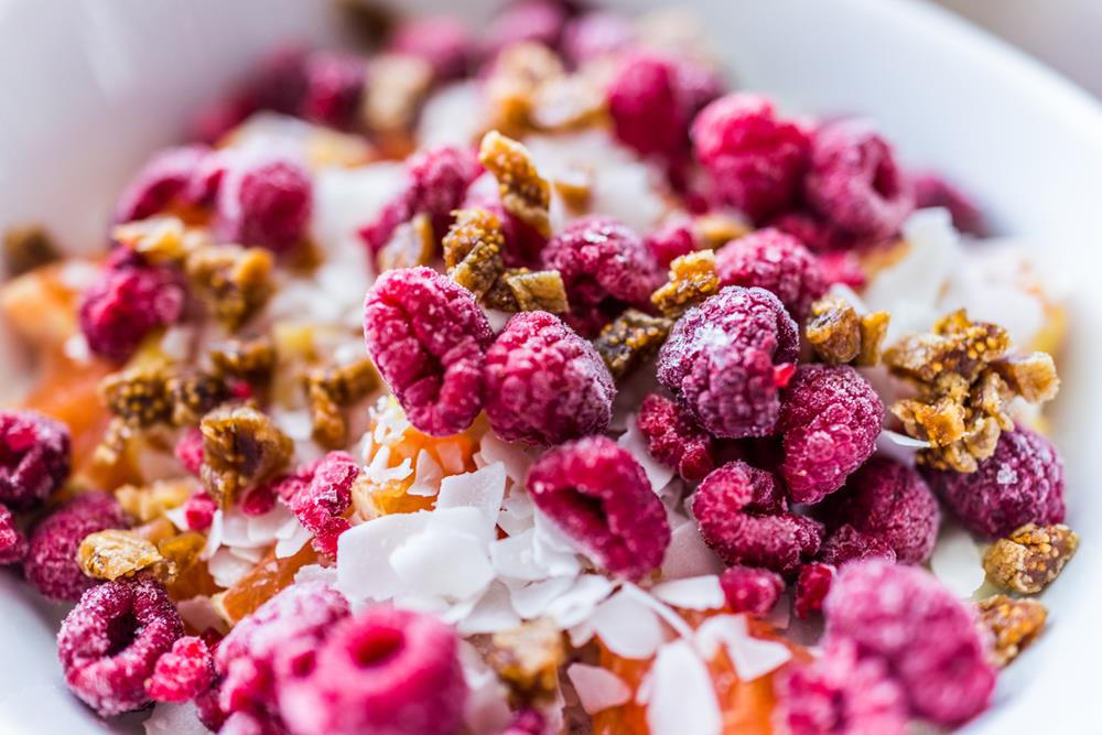 Freeze dried raspberries in a bowl