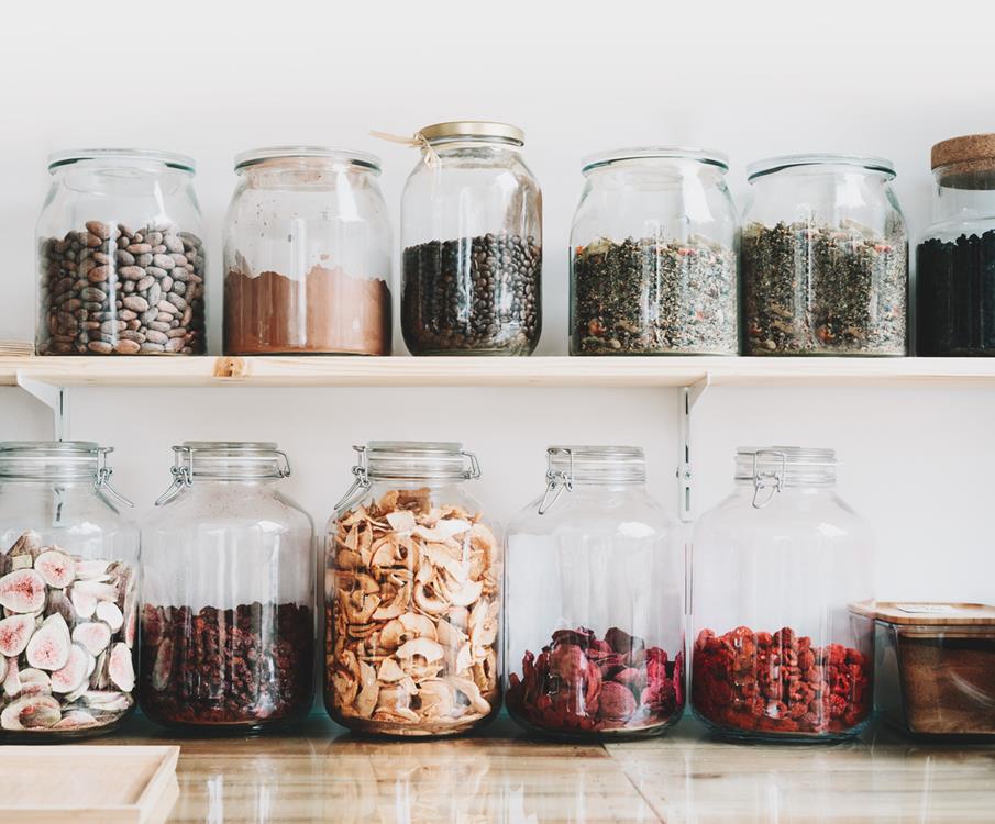 Dried fruits stored in glass jars
