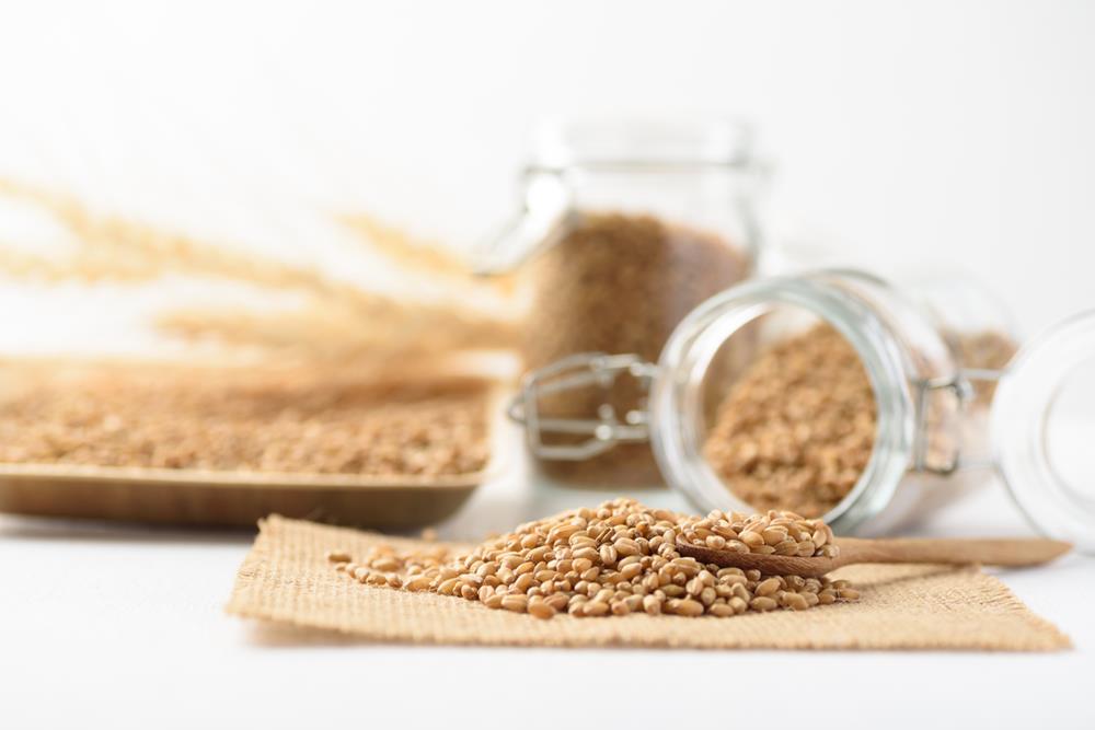 Wheat berries on a cloth from a jar