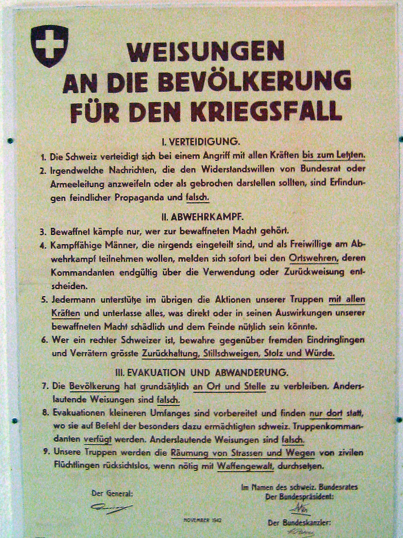 Guidelines issued to the Swiss public in the event of war included the following Point 7 advised citizens to remain in their homes Point 8 stated that only limited evacuations would occur