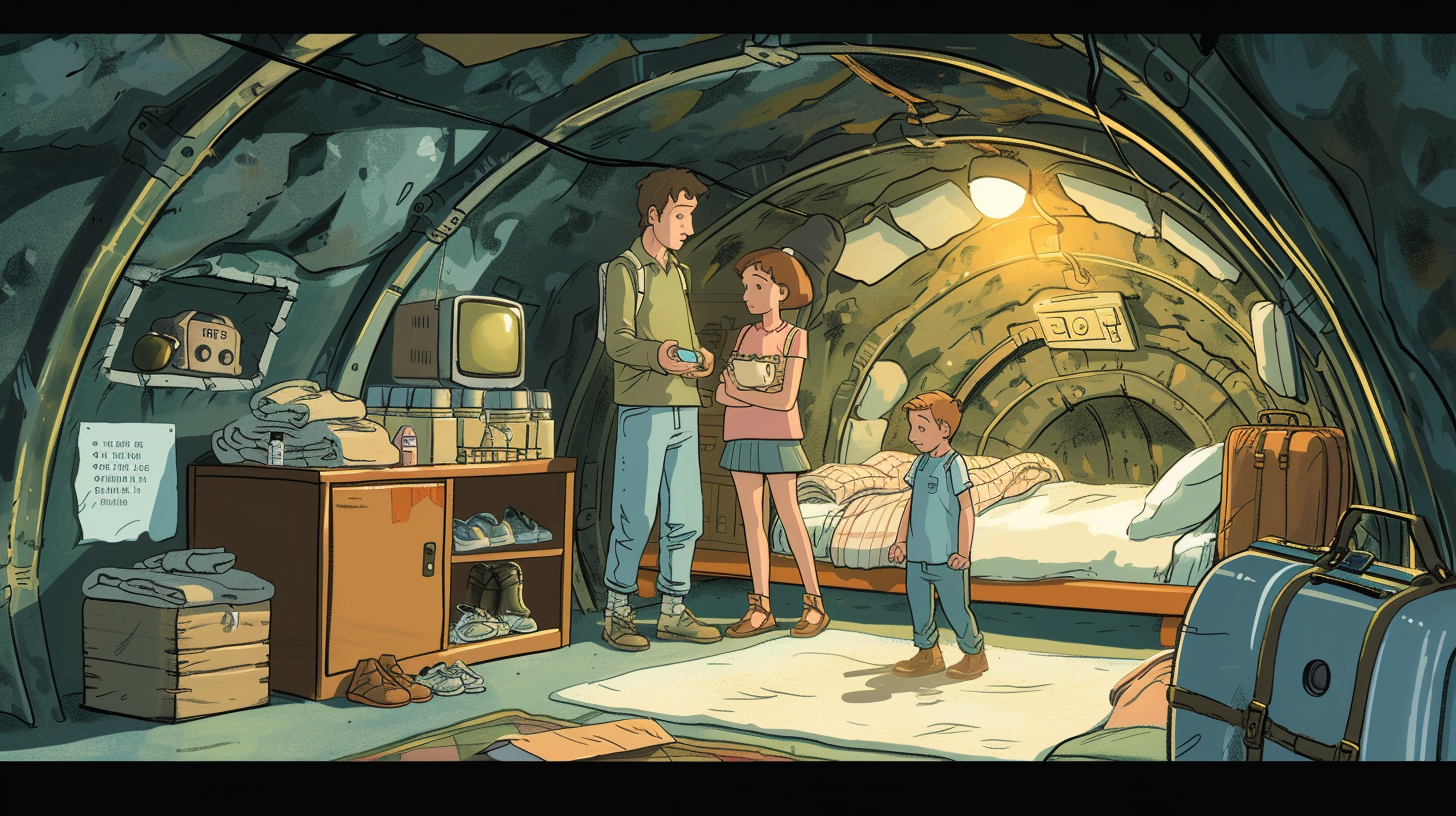 family safely inside a pre built bunker with visible comforts and supplies