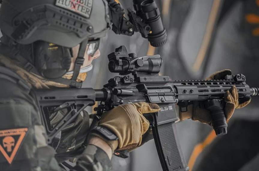 airsoft player with tactical helmet