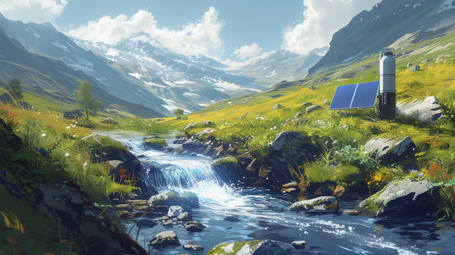 stream flowing through a rugged water filter solar-powered