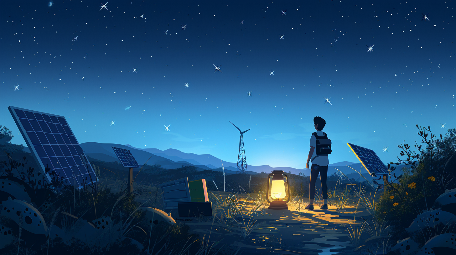 a person in a dark wild landscape at night with a lantern