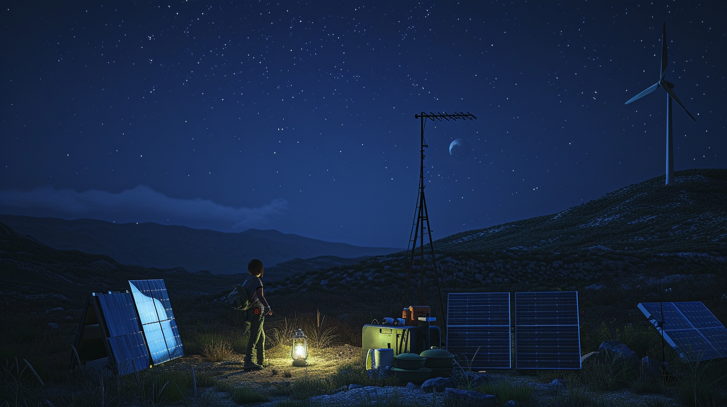 person at night with various power sources