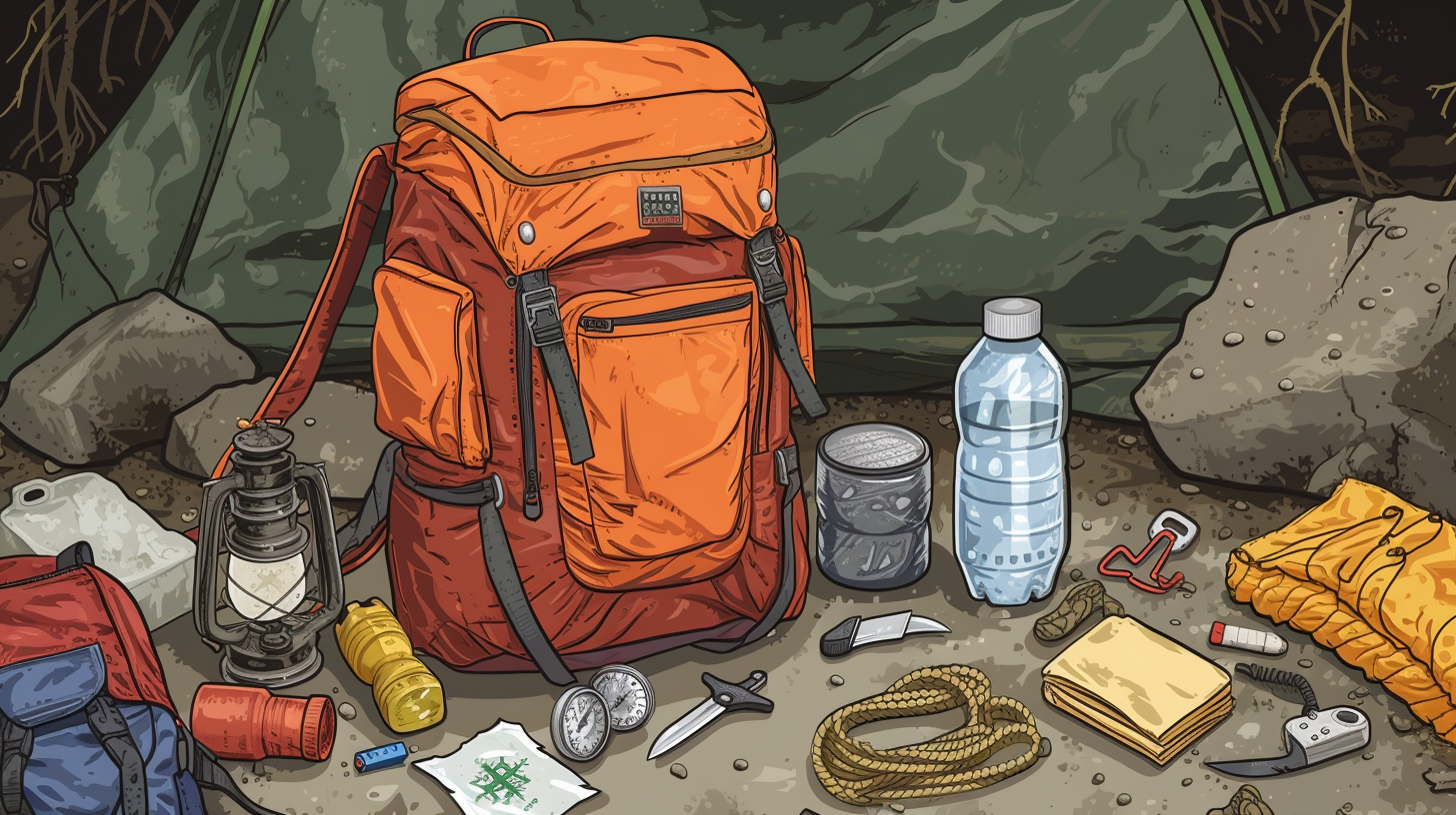 urban backpack spilling open with a water filter and supplies