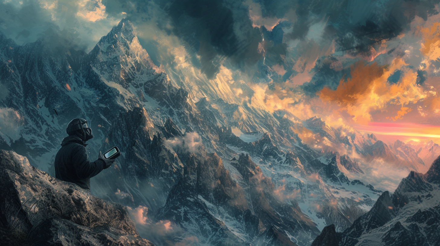 rugged outdoor scene with a person holding a satellite phone