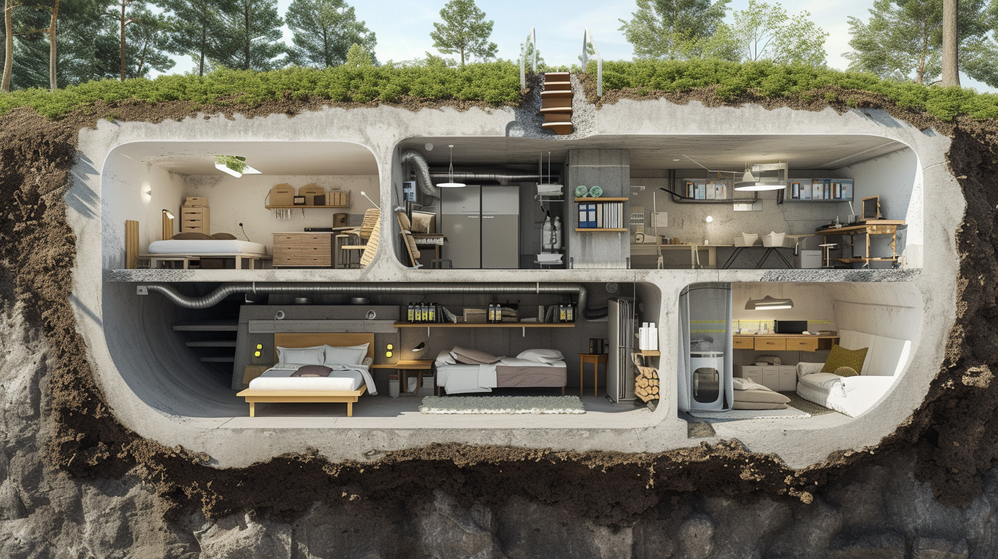 a cross-section of a sturdy, underground survival bunker, equipped with long-term living essentials like beds, food storage, water filtration, and communication tools