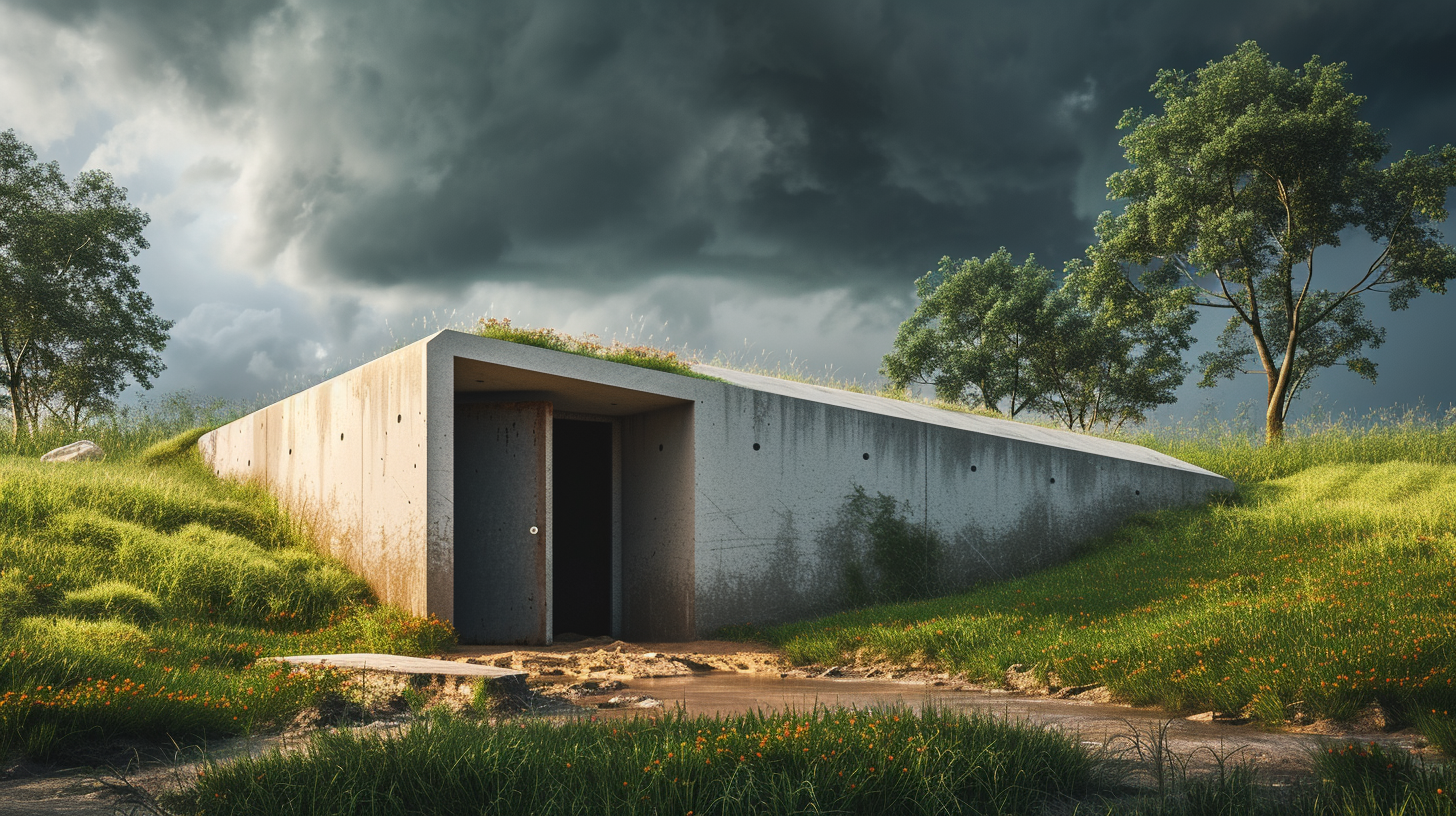 an above-ground storm shelter in a backyard during a tornadom the shelter is sturdy, made of concrete, with a steel door and a concrete roof