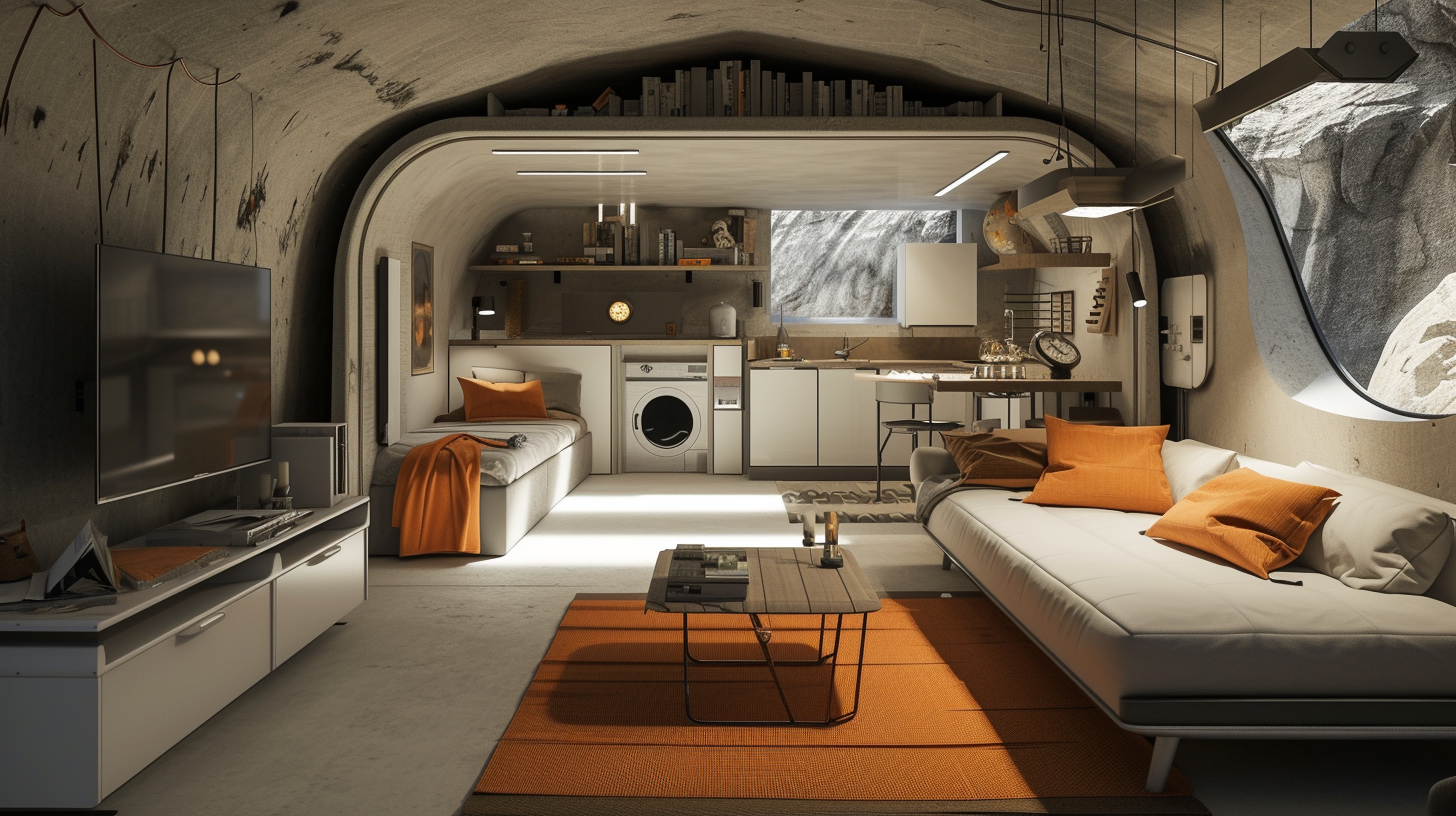 a sleek, modular furniture set within a compact, well-organized underground bunker, emphasizing multifunctional pieces like foldable beds, extendable tables, and hidden storage solutions
