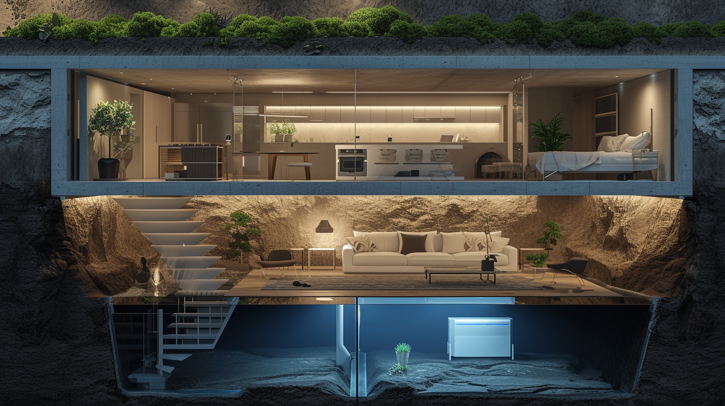 cross-section of an underground bunker featuring a dehumidifier, ventilation shafts, waterproof insulation layers, and a sump pump